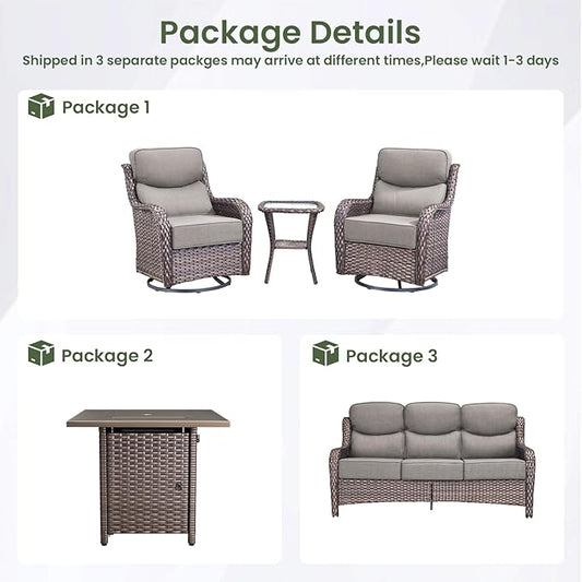 Luxury Patio Furniture Set with 6-inch Thick Cushion, Outdoor Furniture with Fire Pit Table, Swivel Chairs, Side Table, Sofa, 5pcs Wicker Conversation Set for Deck Yard and Poolside(Grey)