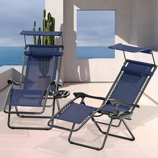 MoNiBloom Zero Gravity Chairs Set of 2, Patio Anti Gravity Recliner with Canopy Shade, Foldable Outdoor Lounger with Cup Holder Tray and Headrest for Beach Camping, Navy Blue