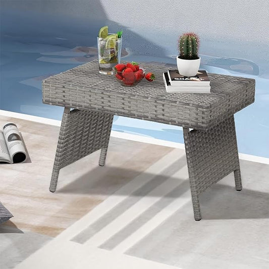 ReunionG Outdoor Patio Wicker Table, Portable Folding Table with Rattan and Steel Frame, Leisure Coffee Table, All Weather Standing Side Table for Lawn Garden, Courtyard, Poolside (Grey)