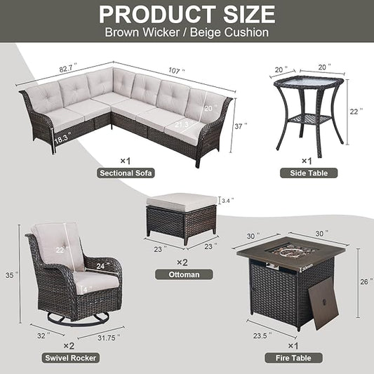 Belord Patio Furniture Set with Fire Pit Table,8 Piece Wicker Outdoor Furniture Set, Swivel Rocker Chairs with Ottomans and Sectional Couch, All Weather Patio Conversation Set,Brown Wicker/Beige