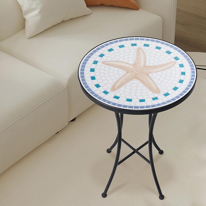 Vipush Mosaic Outdoor Side Table, 14" Round Folding Plant Stand for Patio Garden Backyard Balcony Porch Indoor Accent End Table for Living Room, Ceramic Tabletop with Black Iron, Starfish