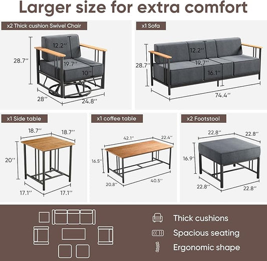 Patio Furniture Set of 7,with 6-inch Thick Cushion Outdoor Furniture Set,Patio Chair Set with Sofa,Wood Grain armrests,trapezoidal backrest,Indoor/Outdoor Balcony Seating,Dark Gray | Gray