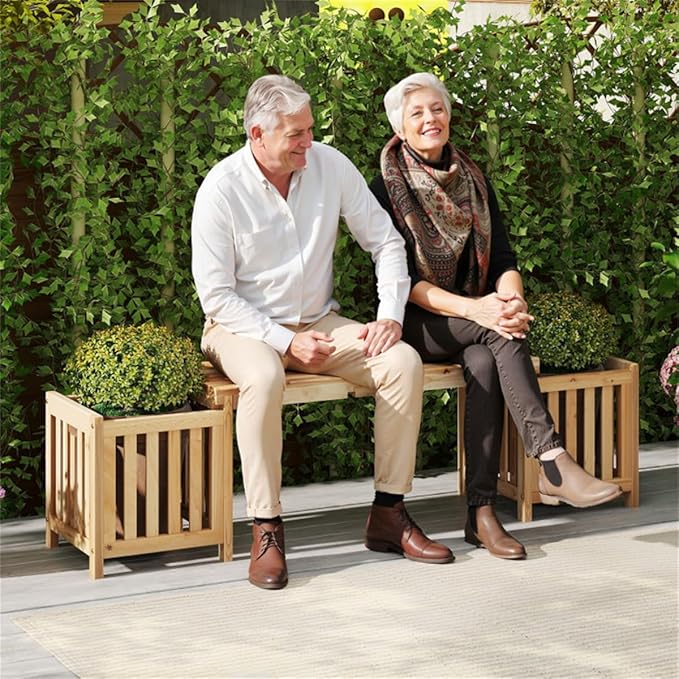 Wooden Garden Bench with Planter Boxes, Outdoor Patio Seat with Built-in Flower Pots, Rustic Elevated Planter Bench for Yard, Lawn, Backyard Seating & Gardening, Wooden Garden Benches with Planters