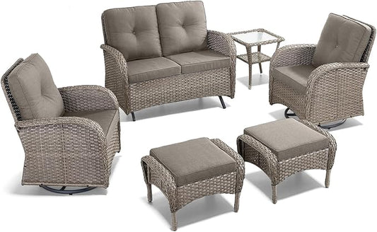 6 Pieces Patio Wicker Furniture Set-Outdoor Swivel Chairs Set of 2 Outdoor Glider Love seat with Outdoor Footstool Patio Furniture for Deck Porch Garden Balcony Poolside-Grey/Grey