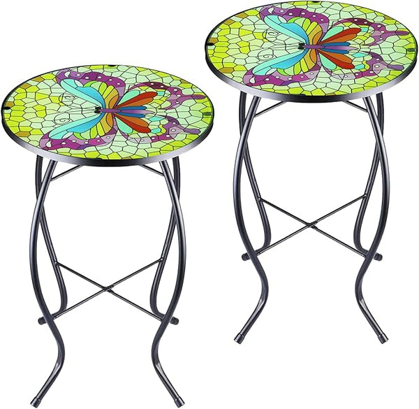 2PCS 12 Inch Small Outdoor Side Table with Colorful Butterfly, Glass Mosaic Patio Table Indoor - Photo 1