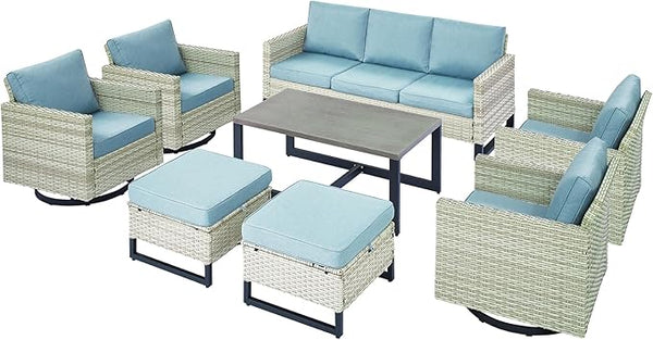 Wicker Outdoor Patio Furniture Set - 8 Piece Patio Conversation Set with 4 Swivel Rocker Chairs, 2 Rattan Ottoman - Photo 1