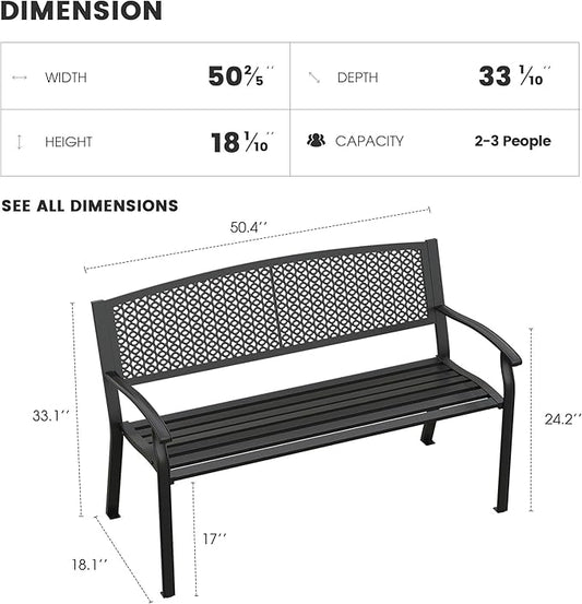 Outdoor Bench, 50 inches Metal Garden Bench, Cast Iron Steel Frame Patio Chairs w/Oval Pattern Backrest for Park, Yard, Porch, Lawn, Balcony, Backyard, Black