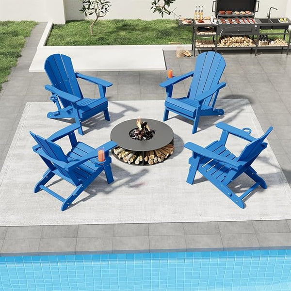 Folding Adirondack Chairs with Cup Holders, Set of 4 HDPE Plastic Outdoor Chairs, Weather Resistant, Real Wood Look - Photo 1