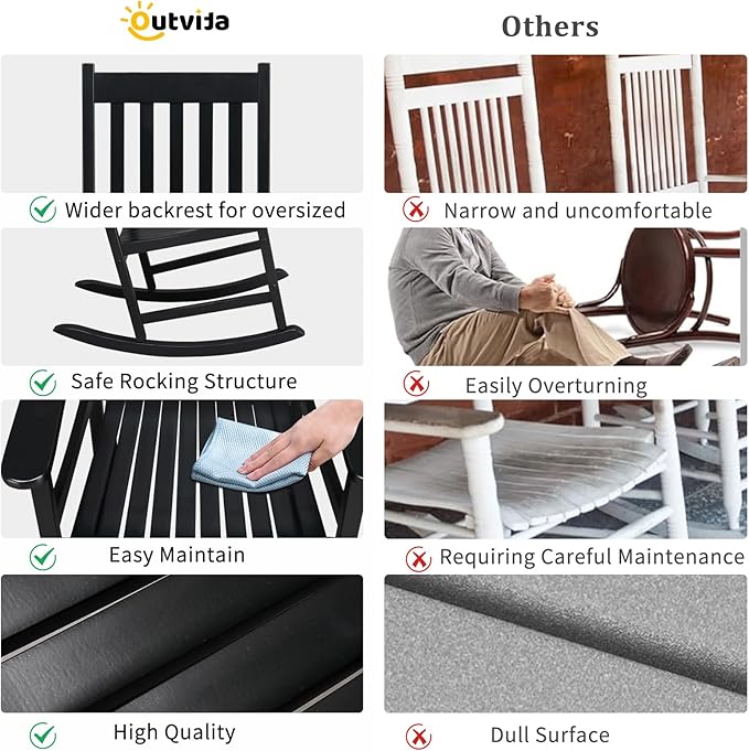 Outvita Outdoor Rocking Chair Set of 2, Solid Wood High Back Rocker, All Weather Lounge Chair for Porch Patio Fire Pit Garden Backyard Deck Indoor, Black