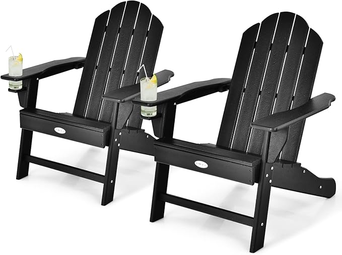 Tangkula Adirondack Chair Outdoor, Fade Resistant HDPE Armchairs with Cup Holder, Weather Resistant Lounger Chairs for Patio Garden Backyard Deck, Lawn Porch Seating, Adirondack Lounger (1, Black)