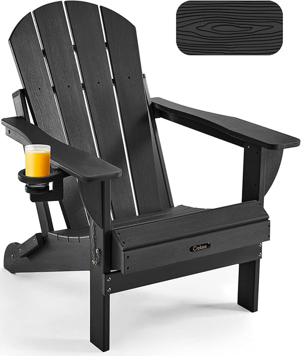 Ciokea Folding Adirondack Chair Wood Texture for Patio, Weather Resistant, Plastic Fire Pit Chair with Cup Holder - Photo 1