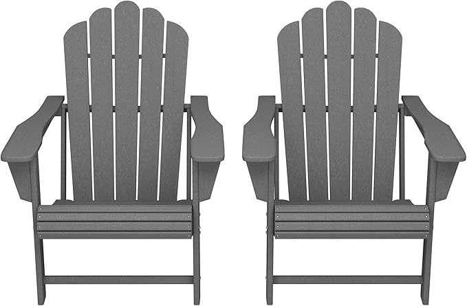 Costaelm Lakeview Outdoor Patio HDPE Adirondack Chairs with Cup Holders (Set of 2), Gray