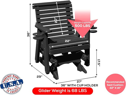 Amish Craftsmanship Made in USA 2FT Heavy Duty Poly Lumber Wood Porch Patio Glider HDPE with No wood fibers Lancaster Series Rollback design 500 lbs Limit With Cupholders Black on Black