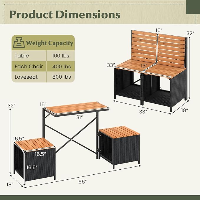 Tangkula 2-in-1 Outdoor Convertible Bench, Transforming Interchangeable Picnic Table Garden Loveseat with Metal Frame, PE Rattan Acacia Wood Foldable Table and Chairs Set for Porch, Backyard & Deck