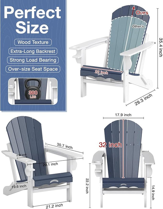 Folding Adirondack Chair –Recyclable HDPE Outdoor Adirondack Patio Chair with Cup Holder, Wood Texture & Umbrella Hole, 25-Year Fade-Free All Weather for Fire Pit, Porch, Poolside, Deck, Blue & White