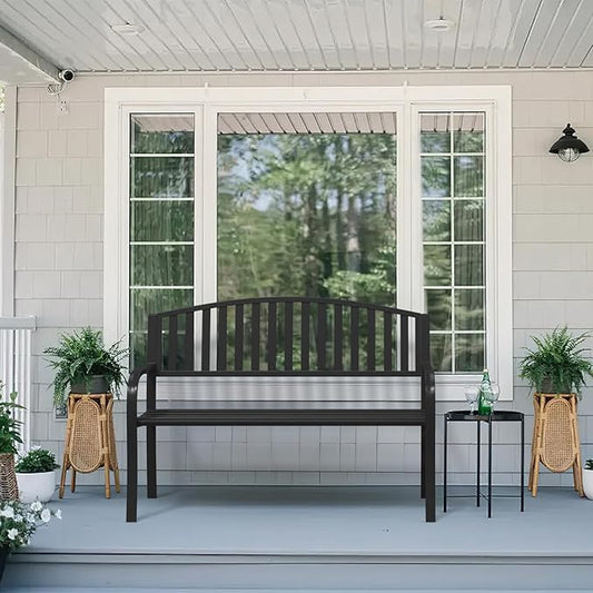 Outdoor Bench Garden Bench, 50" Anti-Rust Patio Bench Clearance, Iron Metal Frame Outdoor Benches Weatherproof for Front Porch, Yard, Lawn, Deck