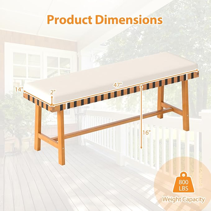 HAPPYGRILL Outdoor Acacia Wood Bench with Cushion, Breathable Rope Seat, Patio Dining Bench for Entryway Garden Poolside Balcony, 800 LBS (1)