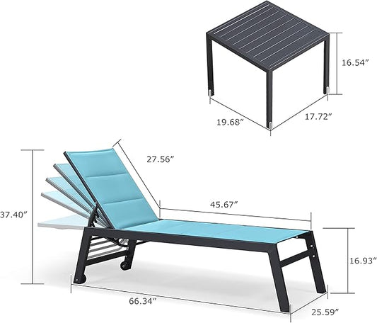 PURPLE LEAF Outdoor Lounge Chairs Aluminum Chaise Lounge Set of 2 Patio Chaise Lounge Chairs with Wheels and Side Table for Poolside Backyard Outside Turquoise Blue