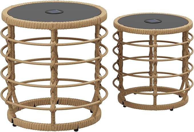 Lovinouse Rattan Round Side Table Set of 2, Small Circle Desk with Solar Lights and Tempered Glass Top,Weather-Resistant Wicker for Patio, Small Coffee End Table for Outdoor Living, Patio,Natural