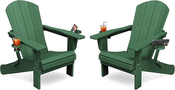KINGYES Folding Adirondack Chair Set of 2, Dual Cup Holders & All-Weather HDPE, Wood-Like Patio Chair for Backyard - Photo 1