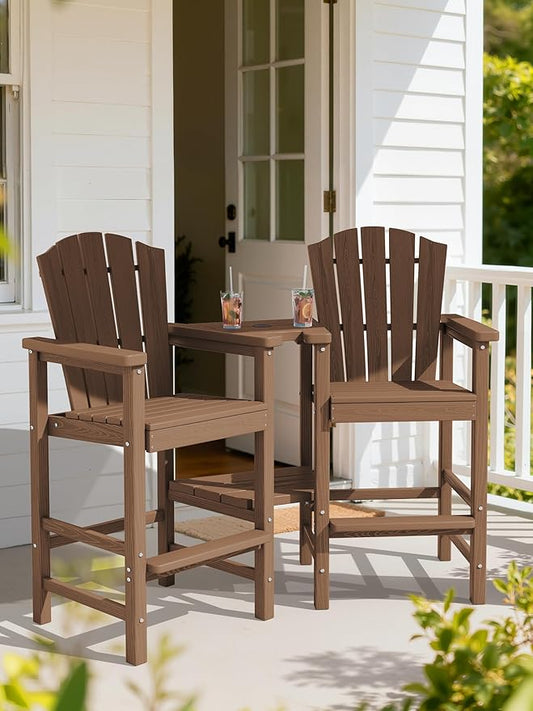 KINGYES Tall Adirondack Chair Set of 4 with 9FT Umbrella, All Weather HDPE Embossed Balcony Height Chair with Double Connecting Trays, High Airondack Chair with Wood Grain, Garden, Brown