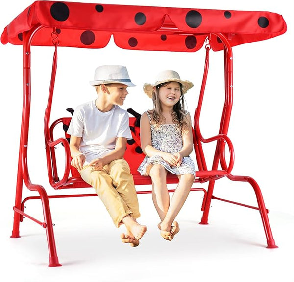 Costzon Kids Porch Swing, All-Weather Patio Swing Bench Hammock w/Adjustable Canopy & Safety Belts for 2 Children - Photo 1