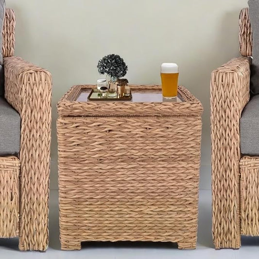 Laguna Point Outdoor Wicker Side Table, All-Weather HDPE Rattan Flip Top Storage Table with Tempered Glass, Patio Center Table for Pool Balcony, Tan