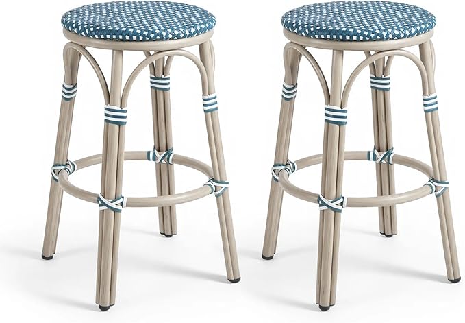 PURPLE LEAF Outdoor French Round Bar Stool Set of 2 Oversized 30" Armless Rattan Barstools White Print Aluminum Footrest for Patio Yard Island Kitchen Bistro Wicker Chairs Soft Blue