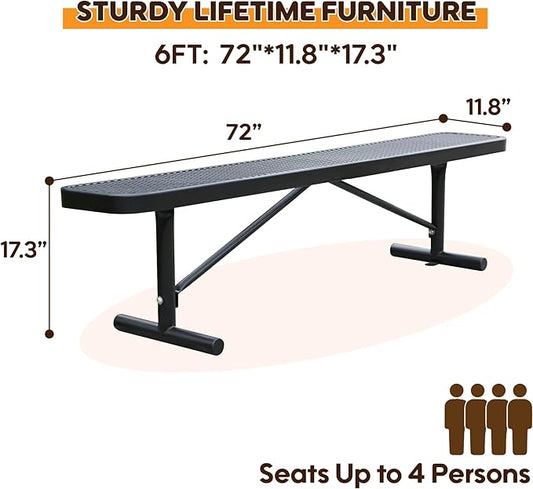6 Ft Metal Park Benches for Outside, Outdoor Backless Bench with Thermoplastic Coating, Portable Frame, Commercial Expanded Metal Mesh Bench for Shopping Mall, Store, Park, Patio, Deck, Black