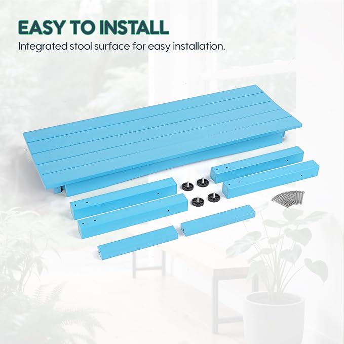 Weatherproof HIPS Outdoor Bench, 2-Person Patio Dining Bench, All-Weather Poly Lumber Garden Bench, Never Rot or Fade, Park Bench with Wood Grains for Porch, Deck, Entryway, Blue, 2 Pack