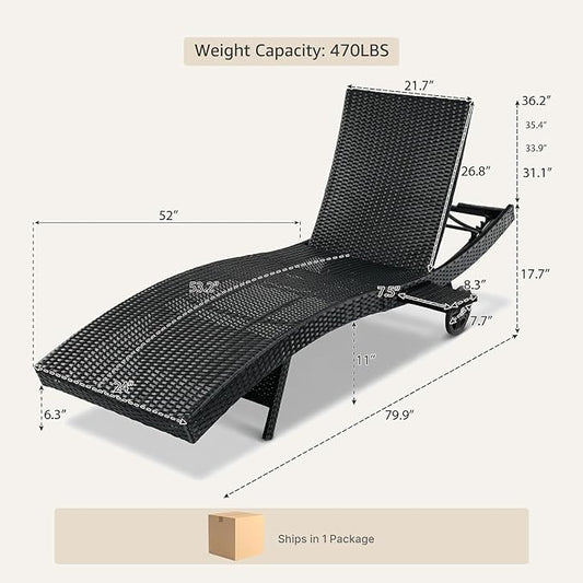 Set of 2 Black Outdoor Chaise Lounge Chairs, Wicker Patio Lounge Chairs with Adjustable Backrest and Wheels, Durable PE Rattan Pool Chair for Patio, Poolside and Garden