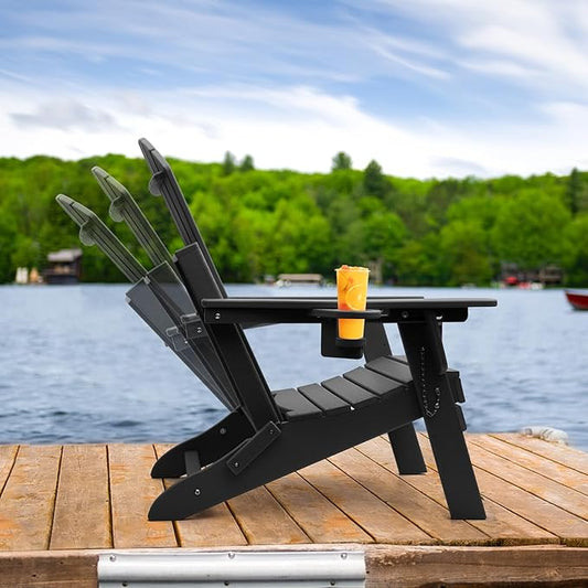 FUNBERRY Folding Adirondack Chairs Set of 2 with Adjustable Backrest, HDPE All Weather Fire Pit Chairs with Cup Holder