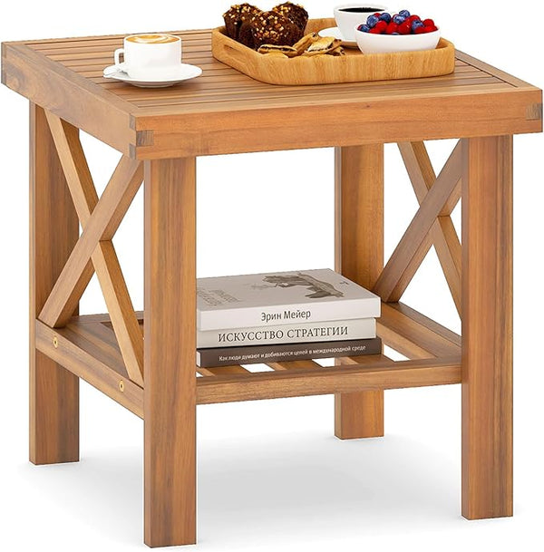 Tangkula Outdoor Side Table, 2-Tier Acacia Wood Adirondack Bistro Table with Slatted Tabletop & Storage Shelf - Photo 1