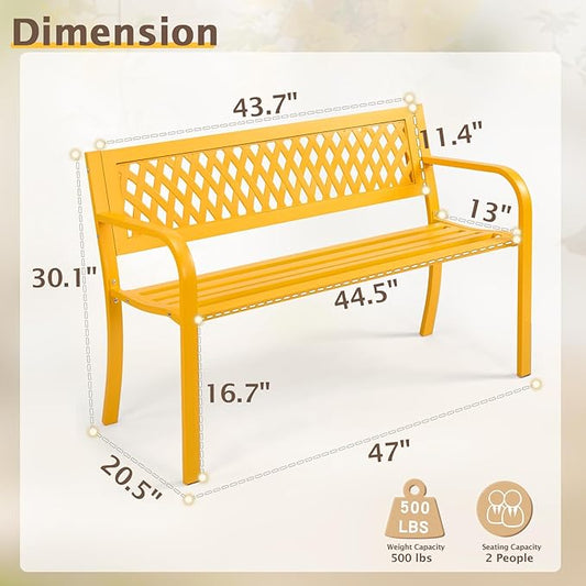 Outdoor Garden Bench, 47'' Outdoor Bench, Weather Resistant Garden Patio Bench Powder Coated Iron Frame w/PVC Mesh Backrest Slatted Seat, 2-Person Outdoor Furniture for Front Porch Entryway(Yellow)