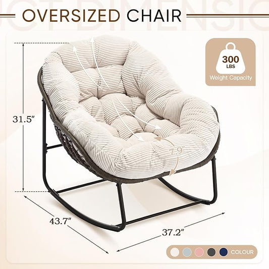 Large Indoor Rocking Chair Set of 2, Oversized Rocking Papasan Chair with Thick Cushion and Frame, Comfy Corduroy Rocker Wicker Egg Chairs Lounge Reading Chair for Living Room, Bedroom, White