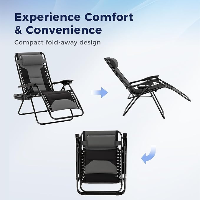MAISON ARTS Oversized Zero Gravity Chairs Set of 2, Folding Padded Recliner Anti Gravity Lounge Chair with 28" Wide Seat and Cup Holder, Support 400lbs, Grey & Black