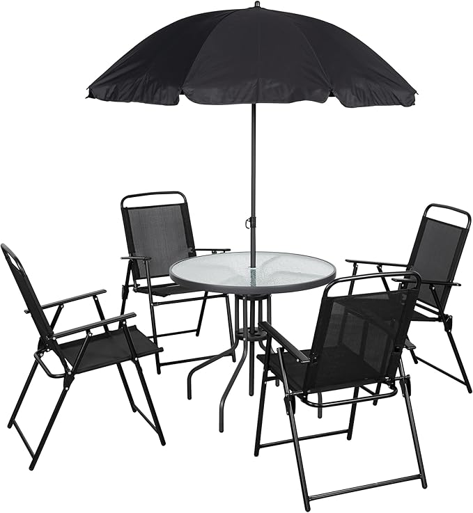 JAMFLY 6 Piece Folding Patio Dining Set,Small Metal Outdoor Garden Patio Table and Chair Set w/Umbrella for Lawn
