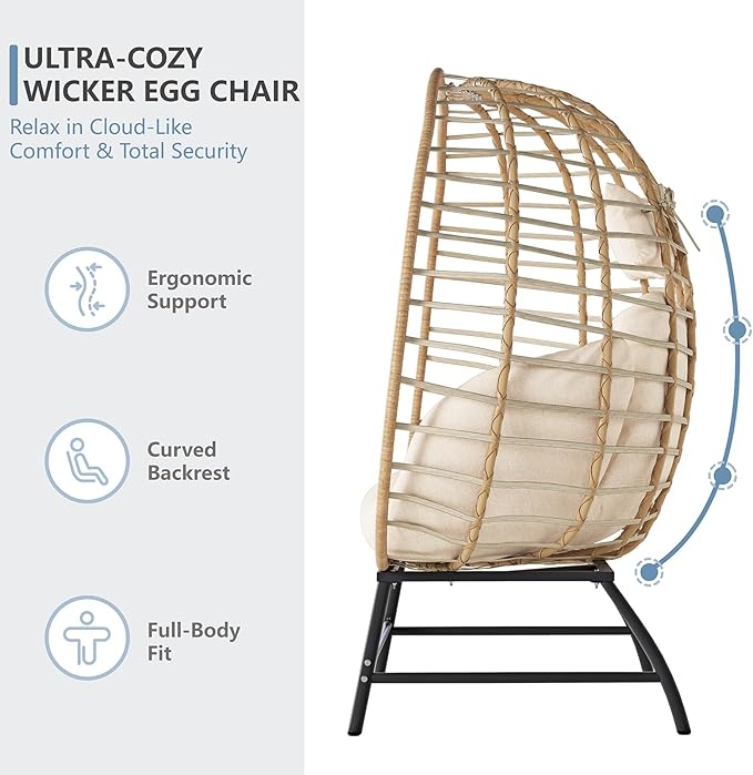 SWITTE Double Wicker Egg Chair Outdoor, Indoor Oversized Papasan Loveseat with Thick Cushion, 2-Person Patio Lounge Chair, 680 lbs Capacity for Balcony, Porch, Backyard-Ivory