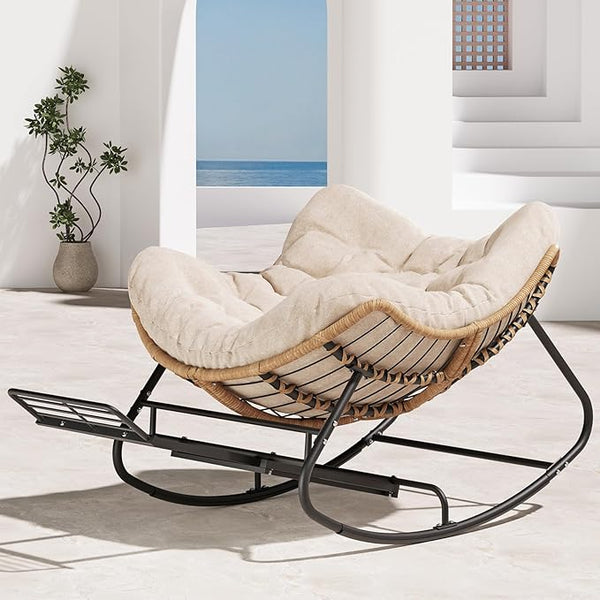 SWITTE Outdoor Papasan Rocking Chair with Adjustable Footrest, Oversized Wicker Zero-Gravity Chair with Cushion - Photo 1