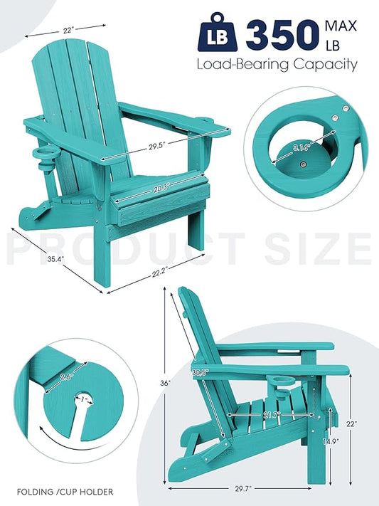 KINGYES Folding Adirondack Chair Set of 4, Dual Cup Holders & All-Weather HDPE, Wood-Like Patio Chair for Backyard, Camping, Pool & Fire Pit, Aruba