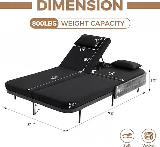 BULEXYARD 51.2" Double Chaise Lounge Outdoor, 2-Person PE Wicker Patio Daybed with Dual 5-Position Adjustable Backrest, Duty Outside Furniture with Thick Cushions for Porch Poolside Garden