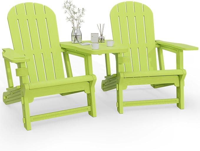 Vongrasig Adirondack Chairs Set of 2 with Removable Tabletop, All-Weather HDPE Outdoor Chair Set with Wooden Textured, Cup Holder for Patio, Poolside, Deck, Garden, Green