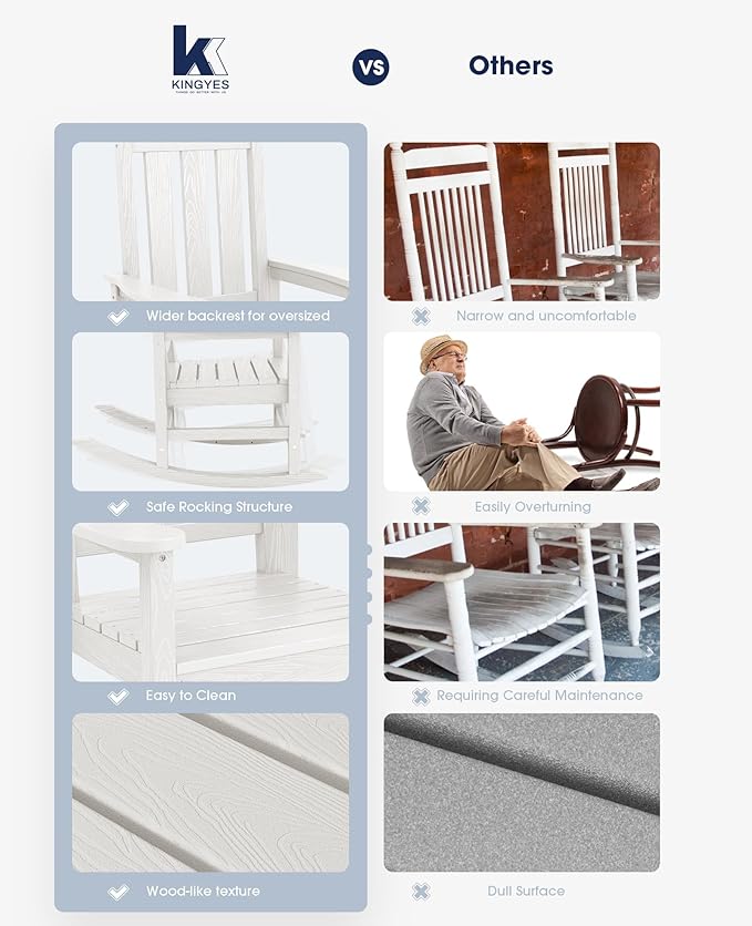 KINGYES Oversized Outdoor Rocking Chair Set of 2, All-Weather Patio Rocking Chairs for Porch, HDPE Outdoor Patio Rockers with High Back & Wide Seat for Garden, Lawn, White