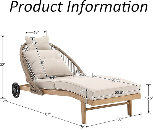 Patio Chaise Lounge Chair with Wheels, Outdoor Lounge Chairs with Thick Cushions, Patio Chaise Lounger Outdoor Handwoven Rope Armrests, Wicker Chairs for Outside, Poolside, Deck, Khaki