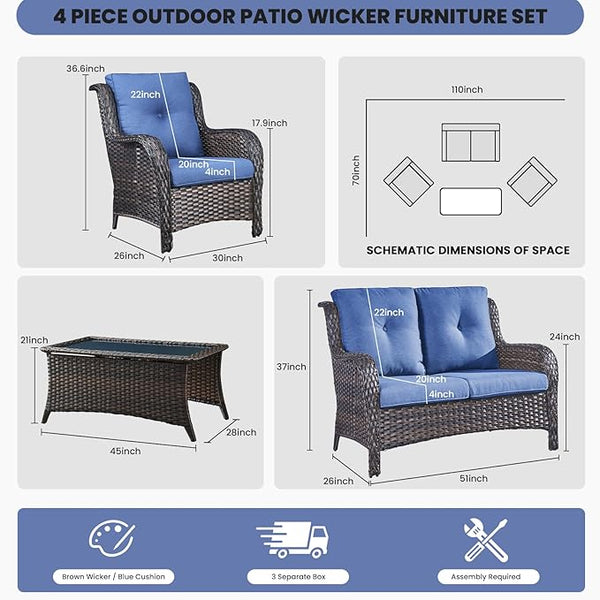 Belord Wicker Furniture 4 Pieces Outdoor Patio Furniture Set Patio Loveseat Sofa Set with Wicker Chairs and Coffee Table - Photo 1