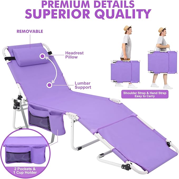 Oversized Extra Wide Tanning Chair with Sun Canopy Face Hole Padded Adjustable Washable, Heavy Duty Layout Folding Lounge Chair for Outside Beach Reading Sunbathing, UPF 50+, XL, Plus Size, 330 LBS