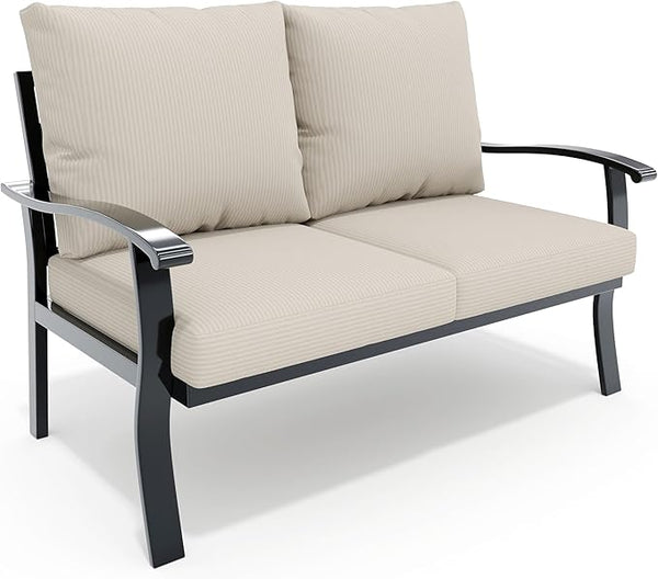 HOMREST Outdoor Loveseat Aluminum Patio Furniture Sofa, All-Weather Metal Outdoor Couch with Cushions, Beige - Photo 1