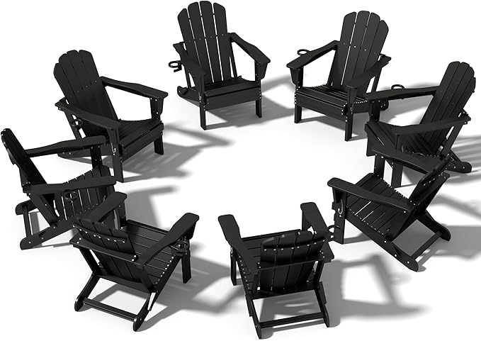 Domi Folding Adirondack Chairs Set of 8, HDPE All-Weather Outdoor Chairs with Cup Holder, Wooden Textured Fire Pit Chairs for Backyard, Patio, Poolside & Deck,Black