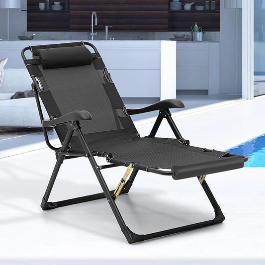 Magshion Lounge Chair Folding Patio Recliner, Outdoor Adjustable Dining Reclining Chairs with Adjustable Headrest & Foot Rest Cushion for Deck Patio Beach Yard, 330lbs Weight Capacity, Black