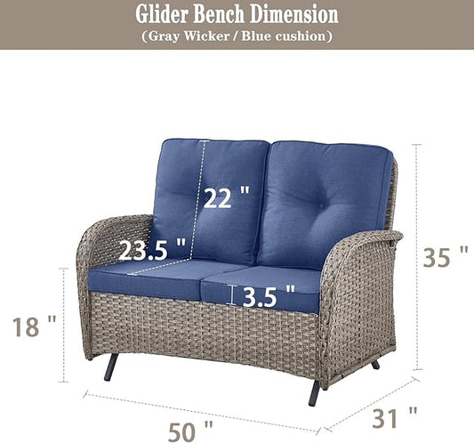 Belord Outdoor Glider Bench Patio Loveseat - 500 Lbs Weight Capacity 2 Seater Wicker Sofa, Small Porch Glider Furniture All Weather Rattan Couch with Removble Cushion for Balcony Backyard Gray/Blue